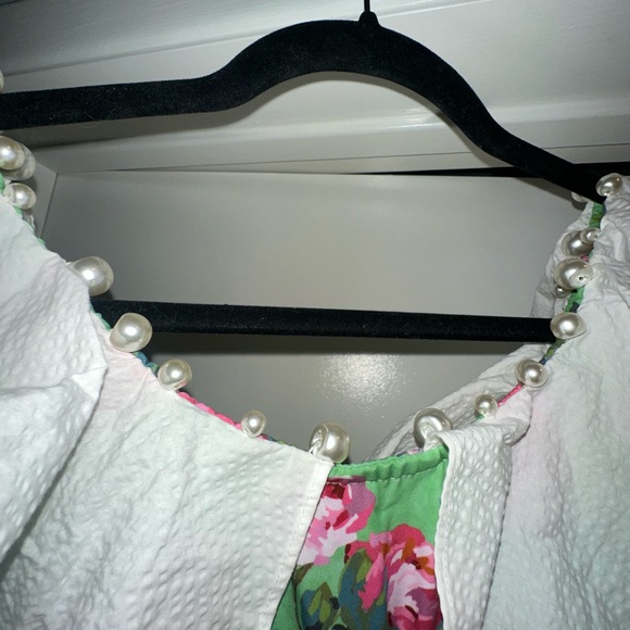 Mukzin Floral Puff Sleeve Dress with Ruffle Collar and pearls - Picture 5 of 8